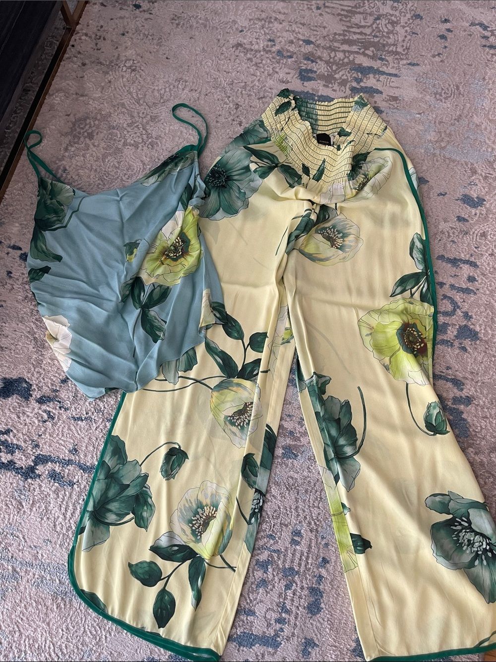 Pinko Floral silk Wide-Leg pants  & Cami in Cream, Light Blue, Green